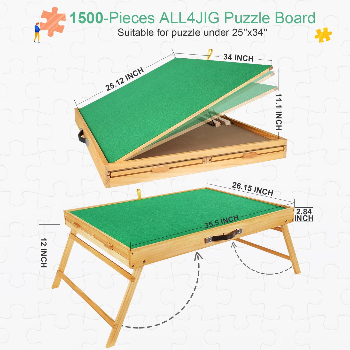 ALL4JIG 1500PCS Portable Puzzle Table with Legs, 25''x34''Adjustable Jigsaw Wooden Puzzle Board with 4 Drawers & Cover Birthday