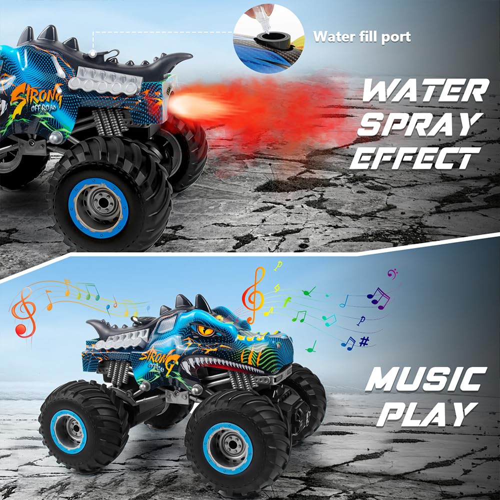 Rhybor Remote Control Dinosaur Car, 2.4Ghz All Terrain Remote Control Monster Truck, Rc Dinosaur Monster Car, Spray Music Monste