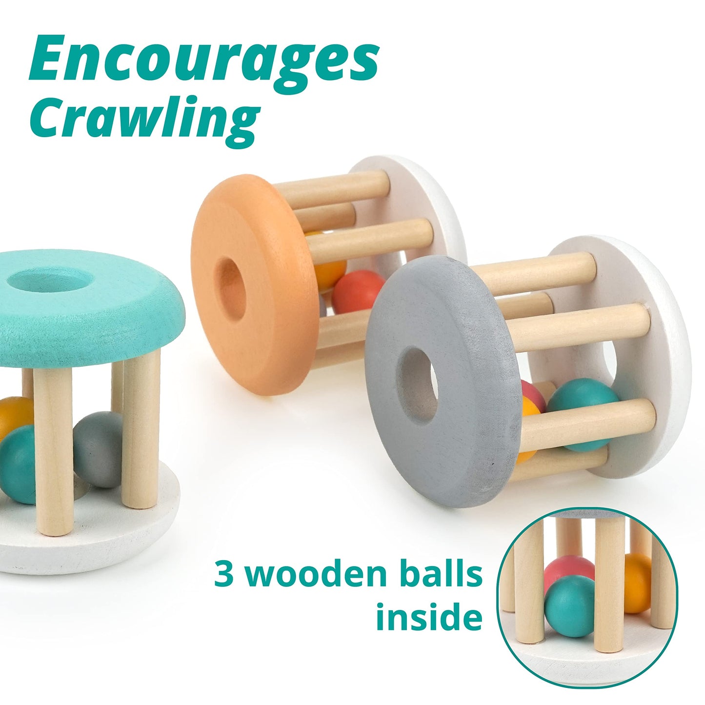 DUCKBOXX XX Montessori Infant Toys, Natural Wood Rolling Rattle Toy for Babies Ages 0m - 2yrs (White Base - 3pcs)