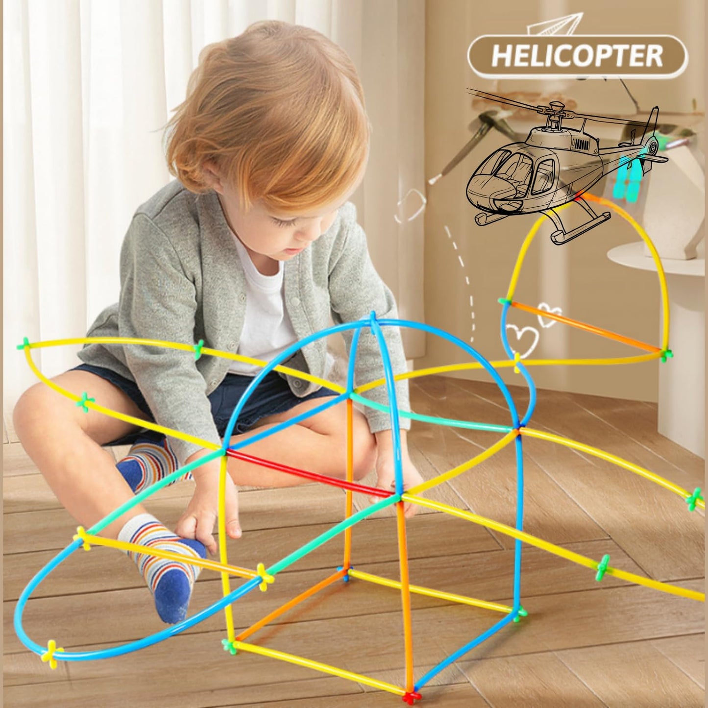 MOTTOYS 500 Pcs Fort Building Kit - 250 Sticks  250 Connectors STEM Constructor - Creative Indoor Buildable Kit for Kids - Outdoor Toy for Ages 4-8 - DIY Interlocking Straw Set