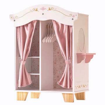 Robud Wooden Play Armoire Closet For Dolls, Doll Closet Furniture Wardrobe With 5 Hangers, Mirror, Velvet Curtains, Fit For 16-20In American Girl Doll Clothes, Gift For Boys & Girls, 3+