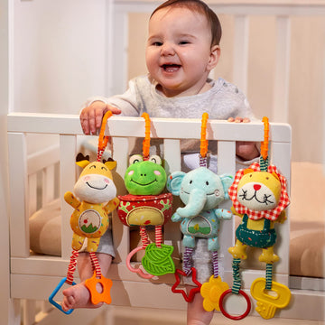 TUMAMA Baby Toys 4 Pack - Plush Handbells Rattles for Infants 0-12 Months, Early Development Stroller Toys, Model 10657