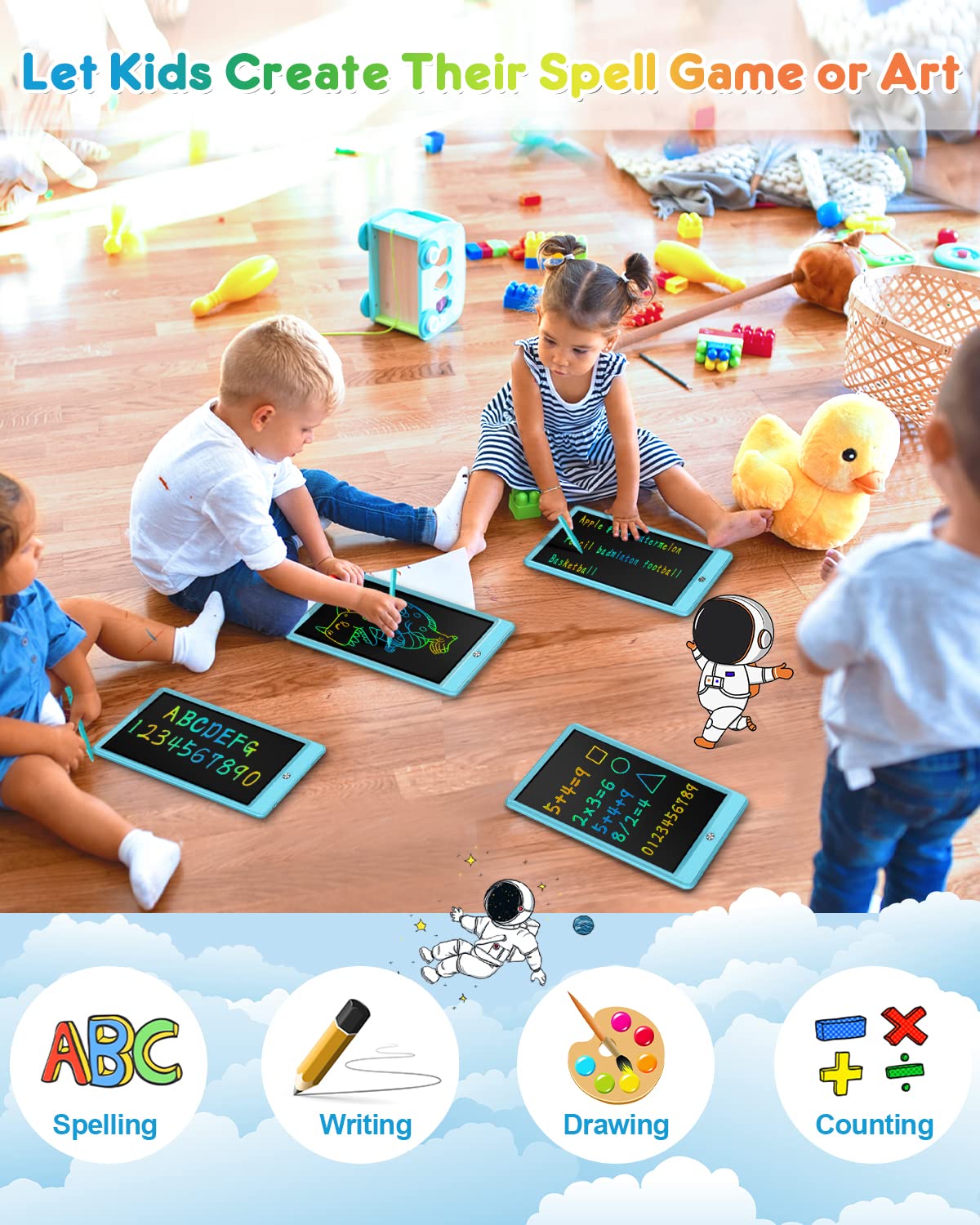 FLUESTON LCD Writing Tablet, 10" Colorful Doodle Board, Delightful Dolphin Blue, Educational Toy for Kids 3-8, Model XIEZIBAN
