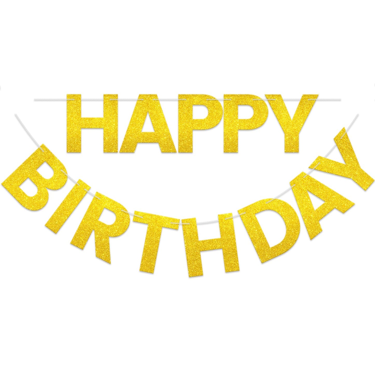 Litaus, Gold Glitter Happy Birthday Banner - Pre-Strung, 9 Ft, No Diy | Birthday Decorations | Happy Birthday Sign For Birthday