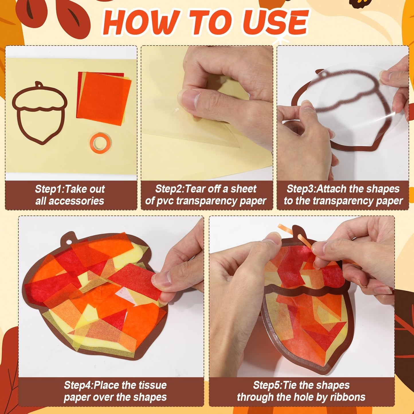 Qyeahkj 36 Set Fall Acorn Suncatchers Crafts for Kids DIY Autumn Window Tissue Paper Craft Kit Hanging Decor for Thinkgiving Hom
