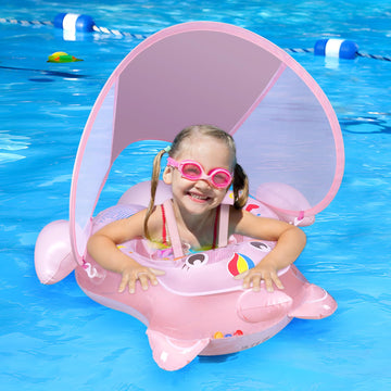 Baby Swimming Float, Aivatoba Inflatable Infant Swim Float, Inflatable Baby Pool Float With Upf 50+ Sun-Protective Canopy, Add Tail No Flip, Hand Pump For Toddlers Age 12-36 Months