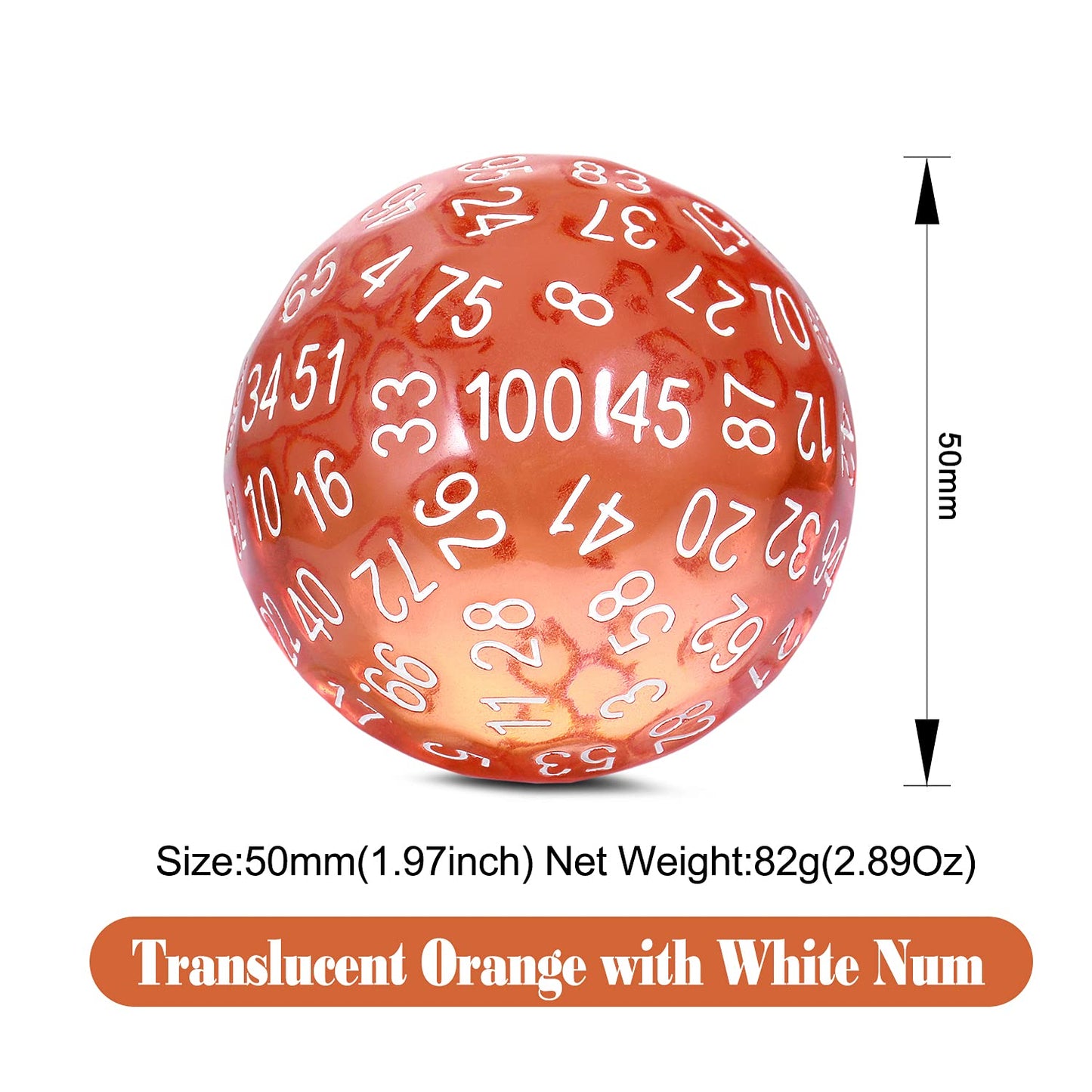 100 Sided Dice DNDND D100 Die with Translucent Pouch for Dungeons and Dragons(Translucent Orange with White Number)