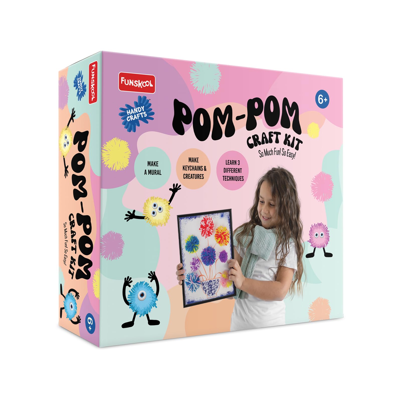 Handycrafts Funskool PomPom Craft Kit, Make PomPom Keychains & Canvas Wall Art, MessFree Diy Arts & Crafts Set, Creative Stea
