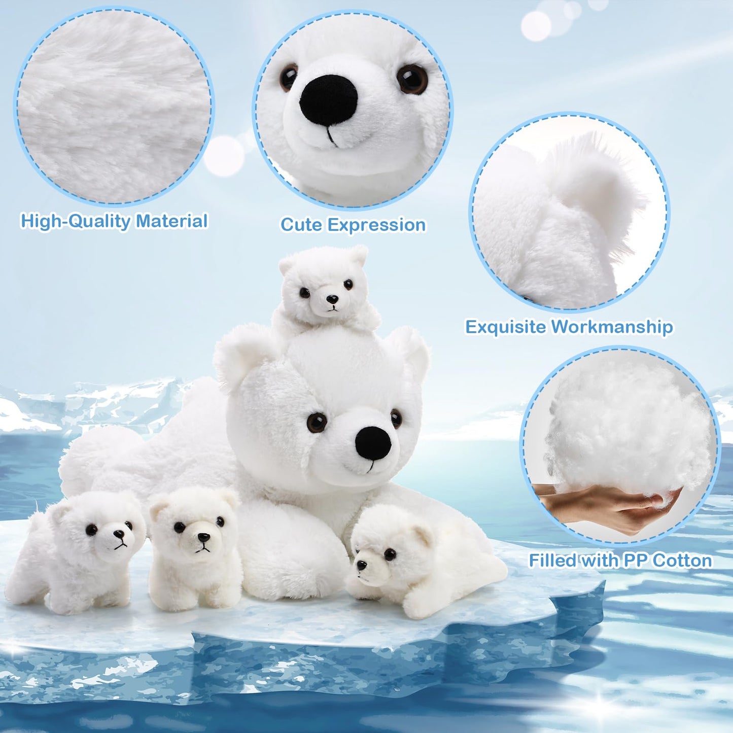 Leitee 5 Pcs Polar Bear Plush Set Large Mommy Polar Bear Stuffed Animal With 4 Cuddly Baby Plushies In Belly For Boys Girls Birthday Winter Holiday Decor Gifts(Lying)