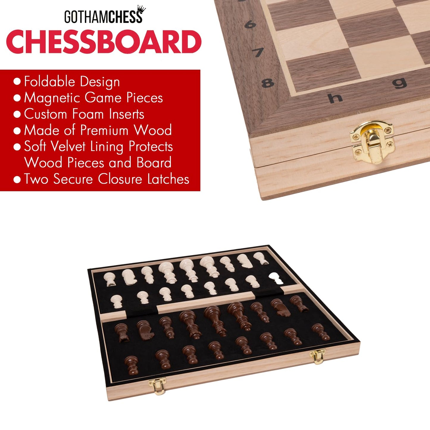 Gothamchess Board- Foldable, Magnetic Pieces, Quality Wood, Fitted Storage, Includes Course By International Master Levy Rozman