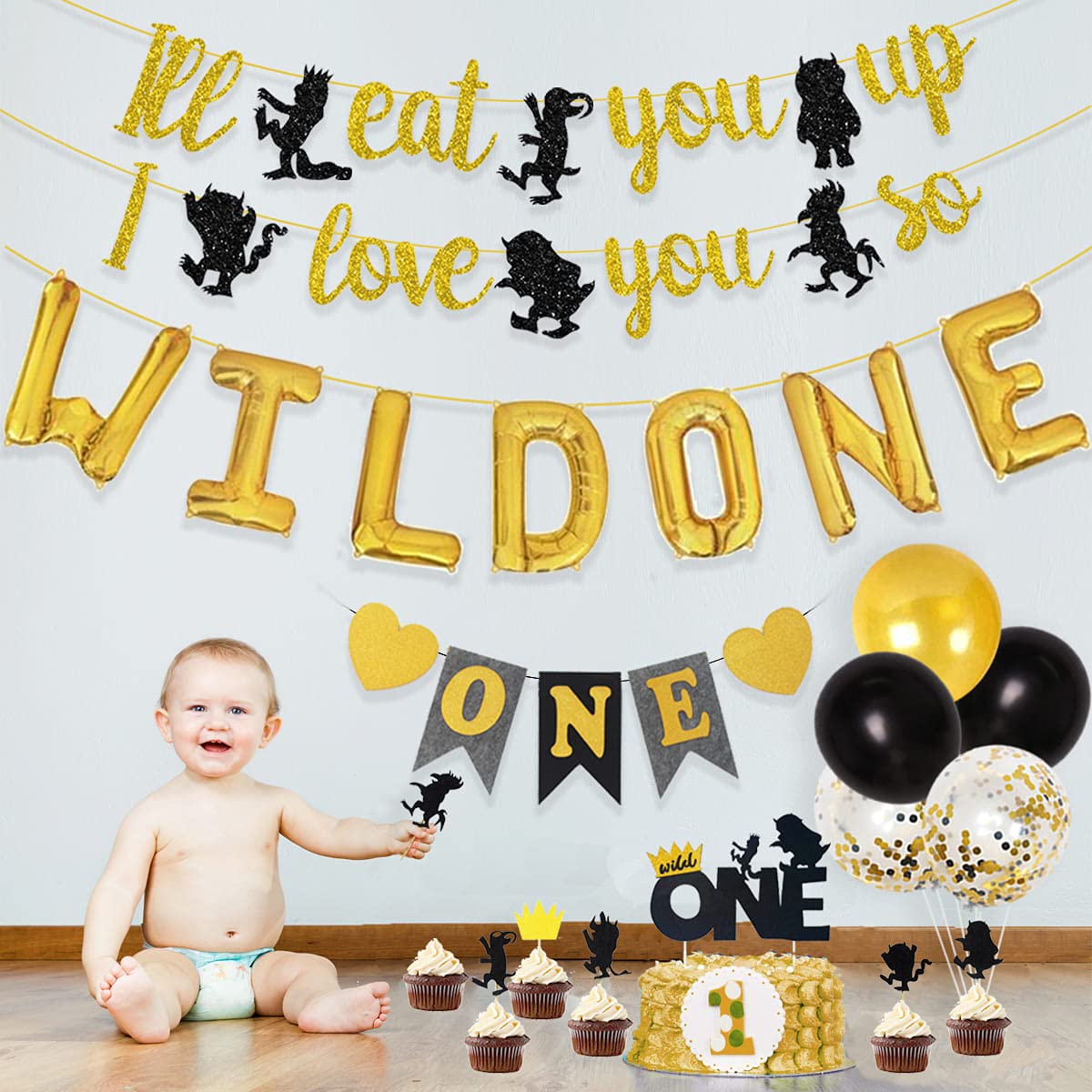 JOYMEMO Wild One Birthday Party Decorations Set, Black Gold Wild One Balloons, I ll Eat You Up I Love You So Banner, Cake Toppe