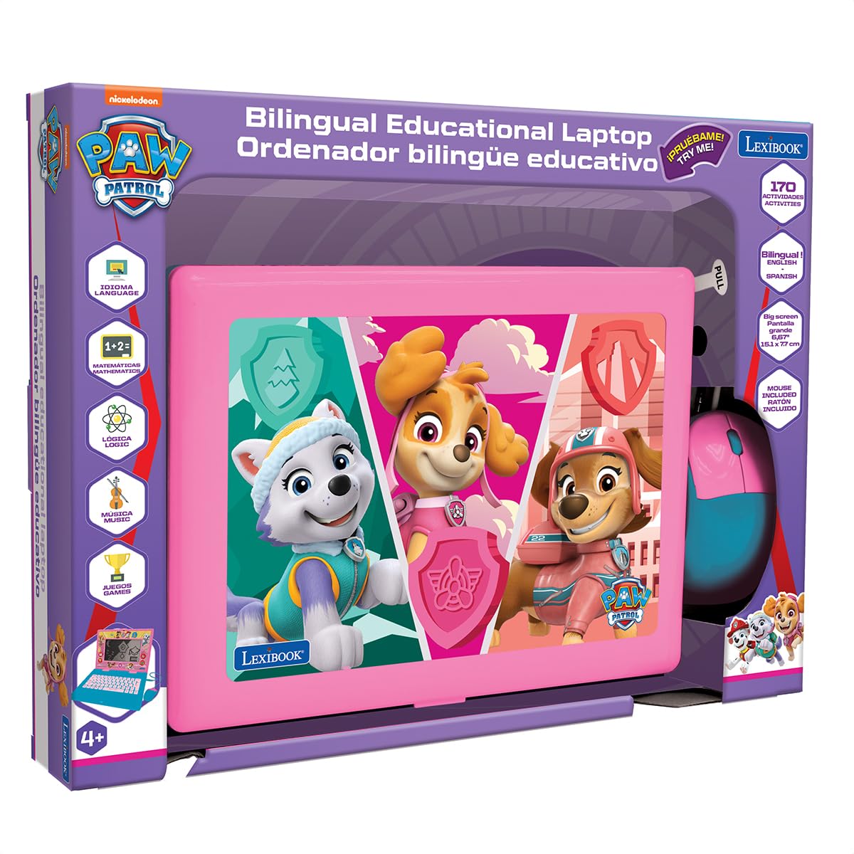 LEXiBOOK Paw Patrol Bilingual Educational Laptop, 170 Activities, 13.38x1.81x0.1 inches, Plastic, Pink/Blue, Model JC599PAGi2