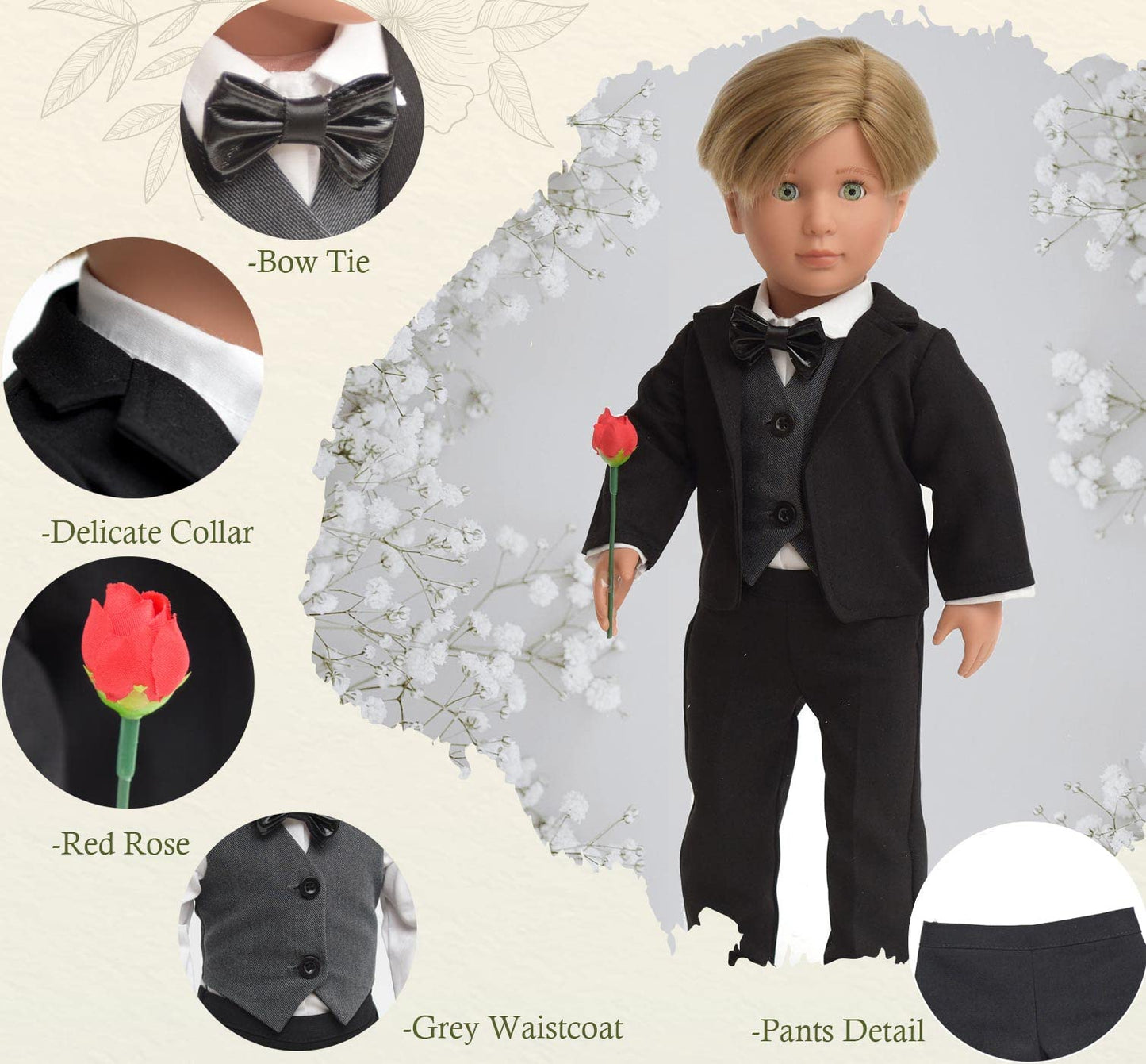 Sweet Dolly Doll Clothes First Communion Wedding Suit Set Rose Gentleman Outfits Fit American 18 Inch Boy Dolls