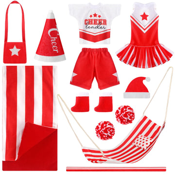 11 Pcs Christmas Elf Accessories Include Cheerleader Elf Doll Sleeping Bag Hammock Apron Chef Hat Dress Scarf Top Shorts Horn Po