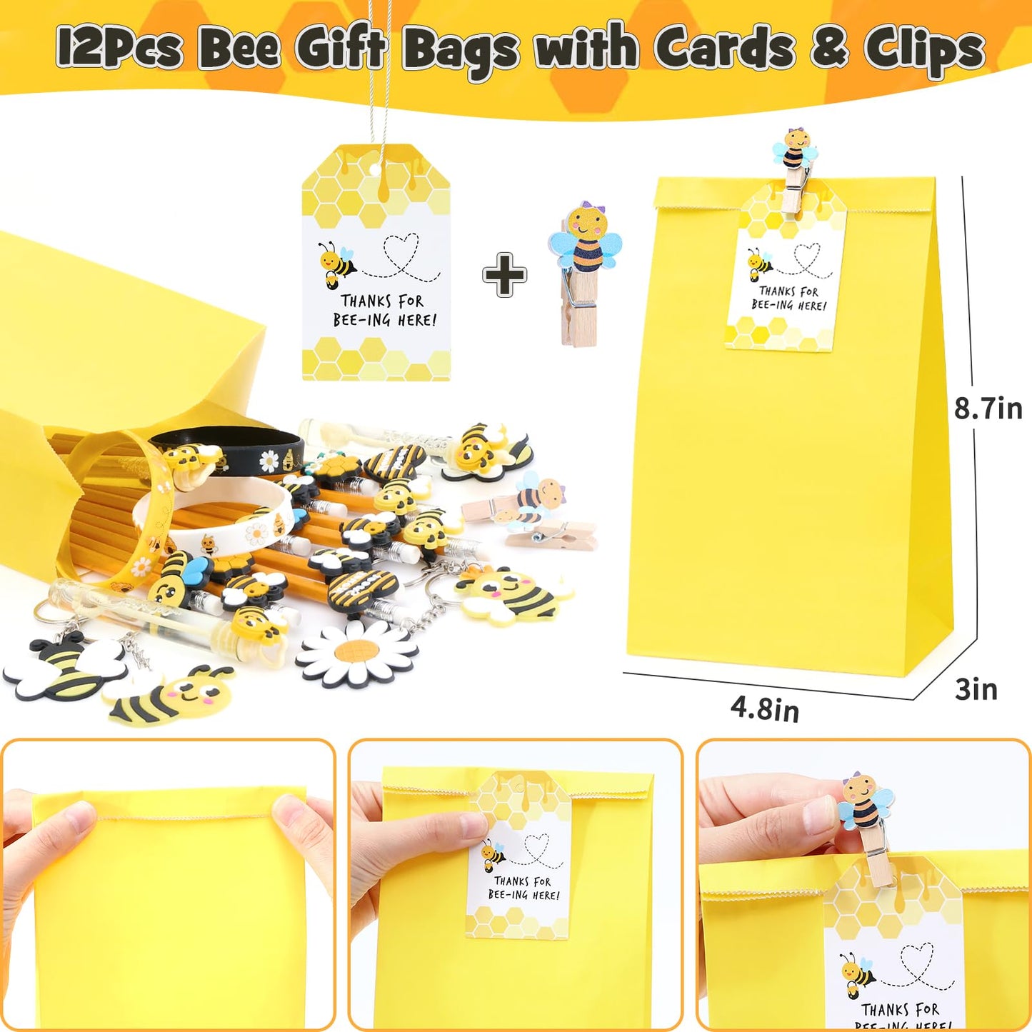 Winrayk 146Pcs Bee Party Favors Birthday Supplies Bee Gift Bag with Cards & Clips Pencil Mini Bubble Wand Honeycomb Silicone Bra