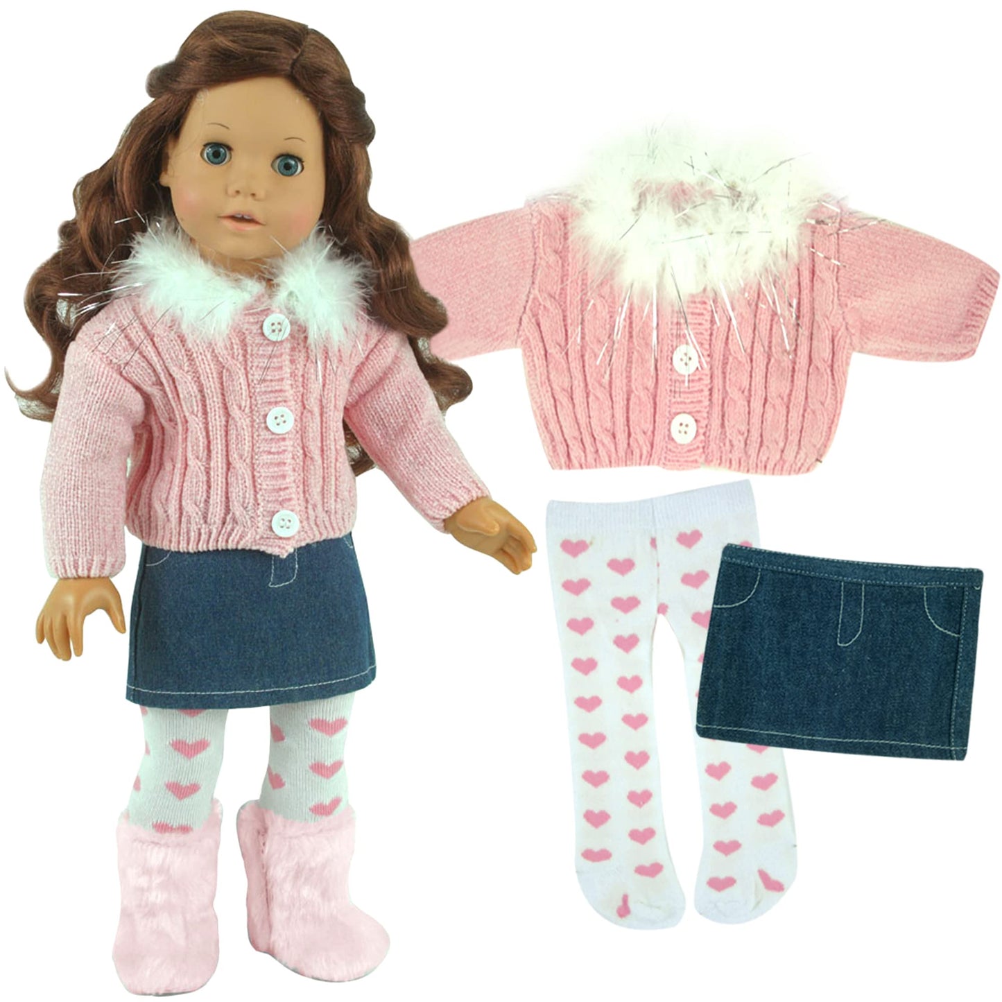 Sophia'S 18' Doll 3-Pc. Feather Trim Pink Chenille Sweater, Denim Skirt And White Tights With Pink Hearts