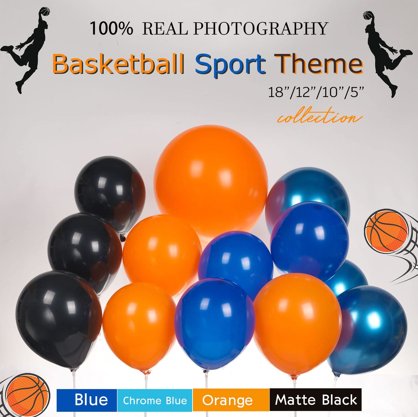 Kozee Orange Blue Black Basketball Balloon Garland Kit 135Pcs With 4D Starburst Basketball Balloons For Boy&Girl Sport Theme Par