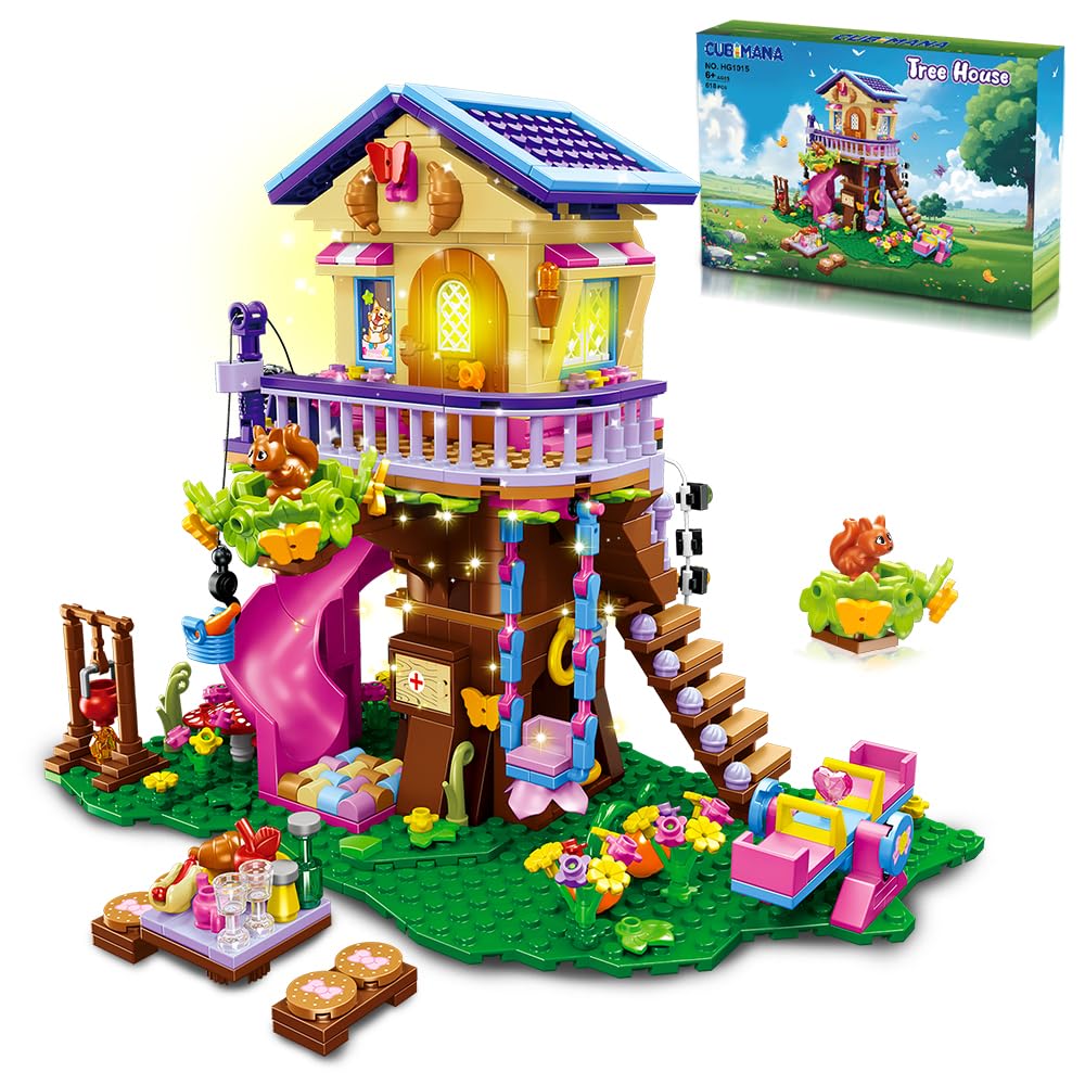 Cubimana Treehouse Building Sets With Led Light - Tree House Building Block Toy, Friendship Up House Building Set With Slide & S