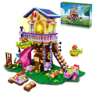 Cubimana Treehouse Building Sets With Led Light - Tree House Building Block Toy, Friendship Up House Building Set With Slide & S