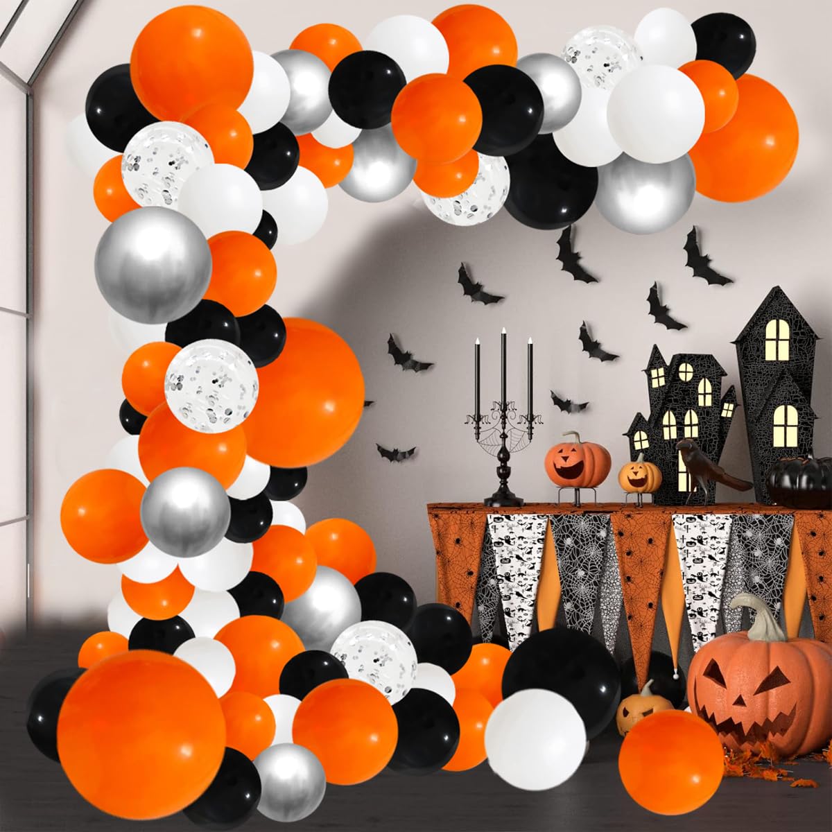 Orange Black Balloon Garland Arch Kit, 127Pcs Orange Black White Balloons Metallic Silver Confetti Balloons For Birthday Graduat