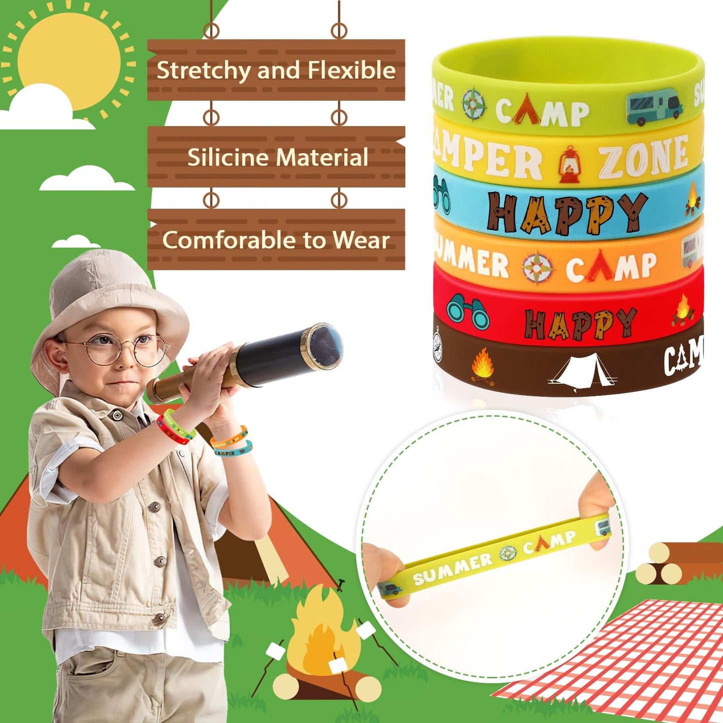 Junebrushs 42Pcs Camping Party Favors Silicone Bracelets Summer Camping Theme Rubber Wristbands Accessories For Adults Camping Adventure Birthday Party Decorations Gift Supplies