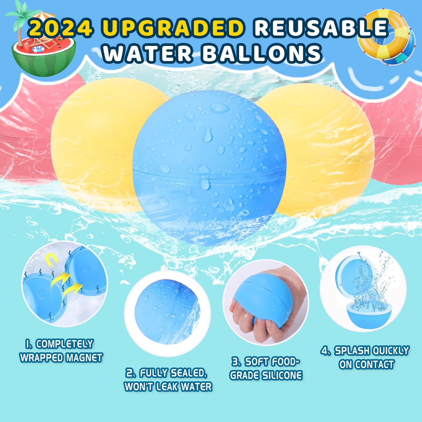 Beikeetoo 12Pack Reusable Water Balloons, Dopamine Color Waters, Summer Toys For Kids Ages 4-8 & 8-12, Quick Fill Outdoor Toys F