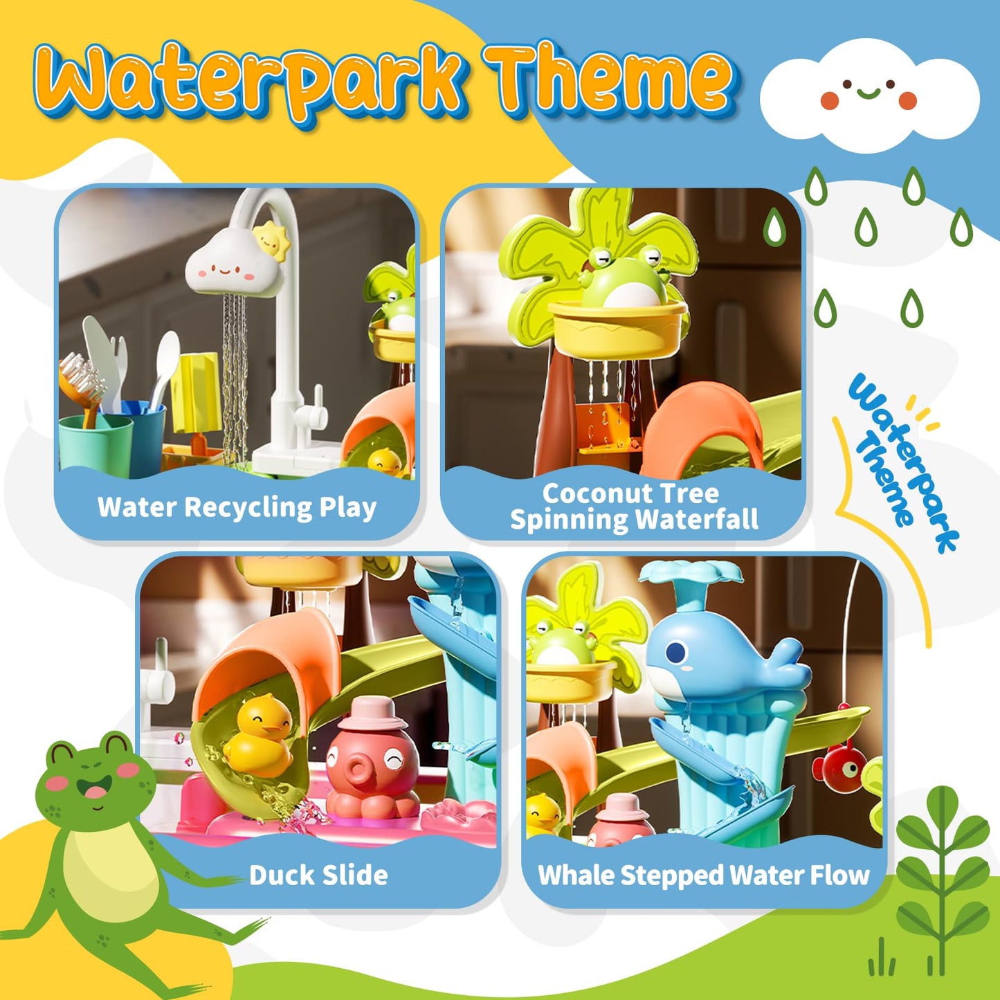 Play Sink with Running Water, 4-IN-1 Kids Kitchen Sink Toys with Electric Faucet, Water Table Floating Pool Toy w/ Fishing Game,