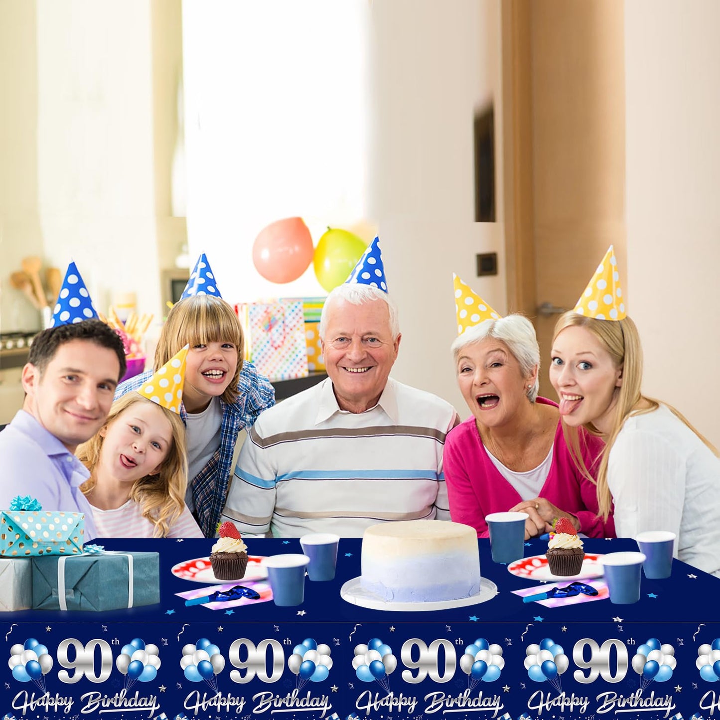 Turypaty 3 Packs 90Th Birthday Tablecloth Decoration For Men, Blue Silver Happy 90Th Birthday Table Cover Party Supplies, Ninety