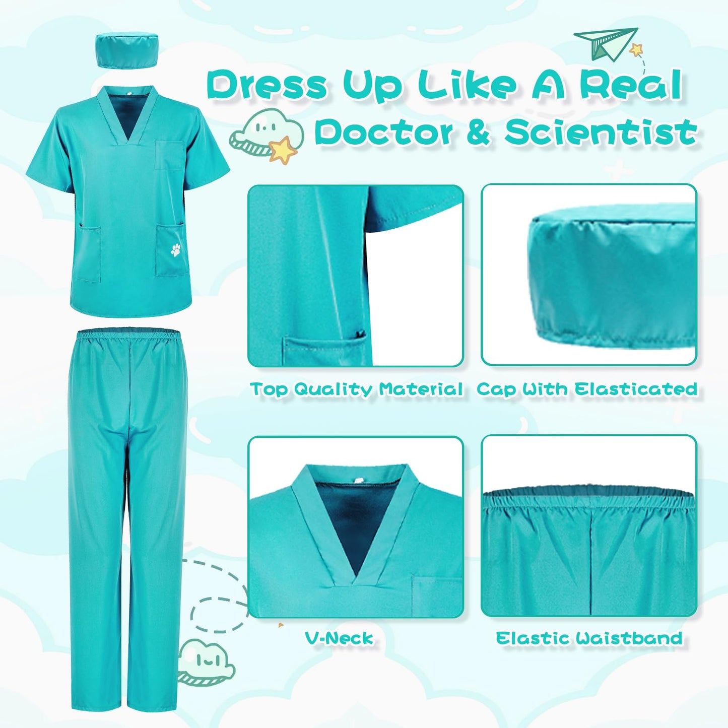 S3Xy-Fiv5 Kids Nurse Costume Doctor Costume Dentist Costume For Kids Play House Pretend Play Dress Up Party Green 10-12 Yrs 160C