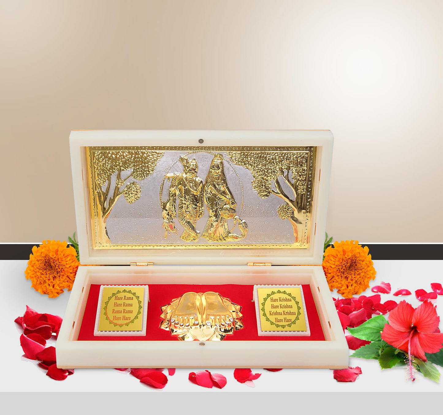 ARNAVIRA Radha Krishna Gold Plated Photo Frame with Charan Paduka Pocket Temple for Diwali Gift,House Warming Gifts Return Gift