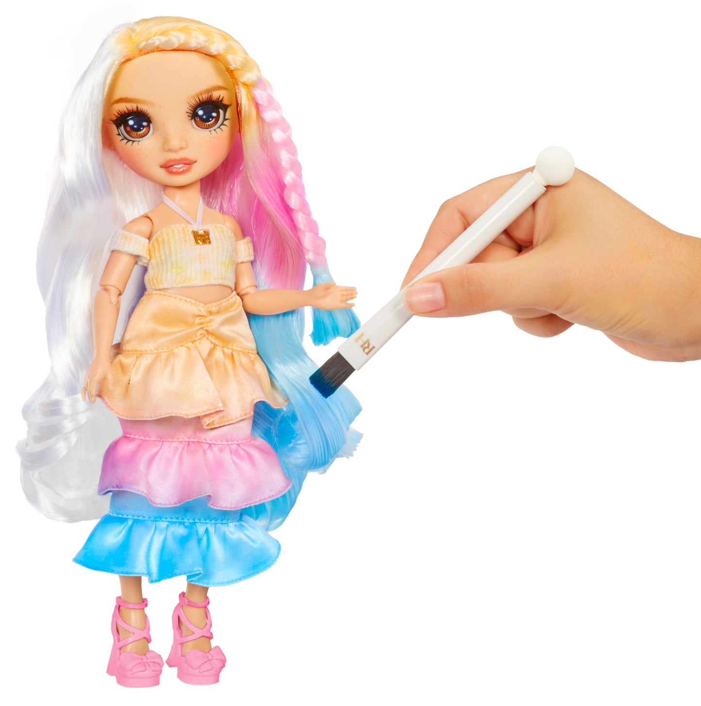 Rainbow High Watercolor & Create Fashion DIY Doll with Washable Watercolors + Tie-Dye Kit, Brown Eyes, Curled Hair, Bonus Top &