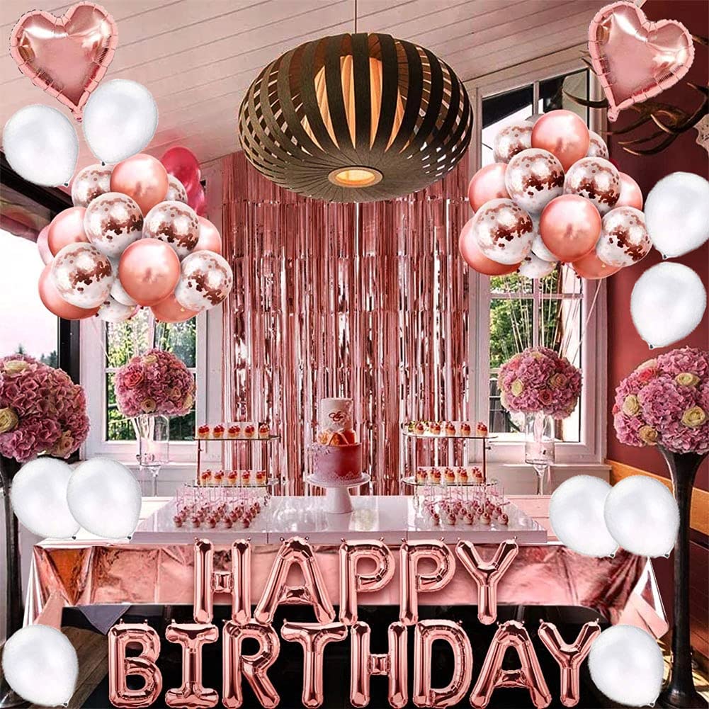 Rose Gold Birthday Party Decorations Set With Rose Gold Happy Birthday Balloon Banner, Confetti And Latex Balloon Heart Foil Balloon, Fringe Curtain For Rose Gold Theme Birthday Party Supplies