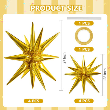 Toniful 8 Pcs Gold Star Foil Balloons Large Star Balloons Gold Explosion Star Mylar Balloons For Party Backdrop Christmas New Ye