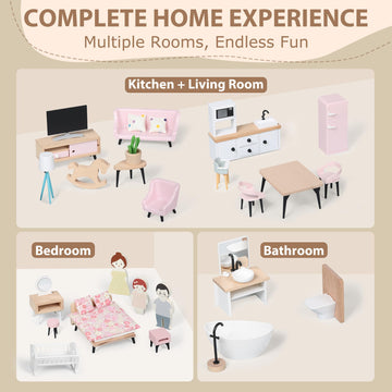 Pithfor Wooden Dollhouse Furniture Set, Dollhouse Accessories And Furniture, With 7 Rooms 3 Dolls, Includes Patio Set & Dog Set,