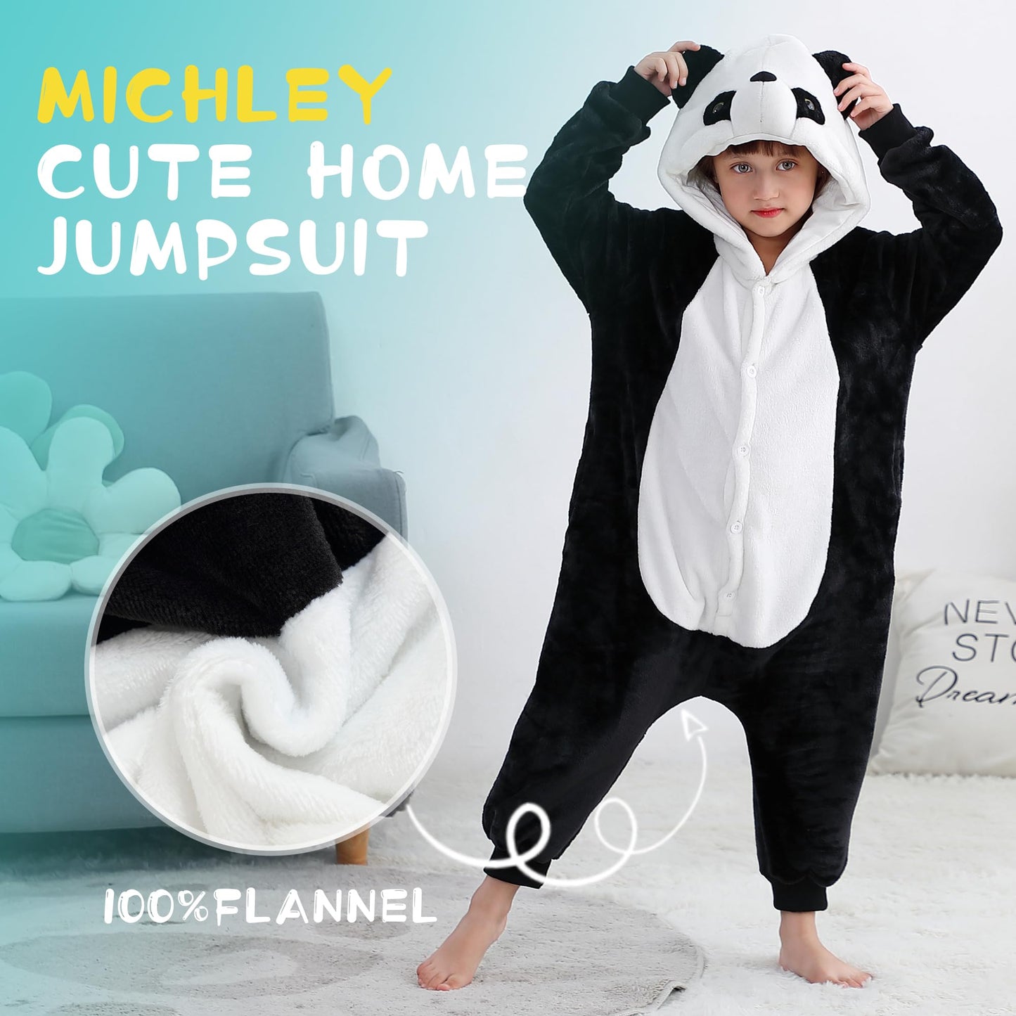 Michley Animal Hooded Romper Kids Flannel Halloween Cosplay Pajamas Costume 3-12T For Autumn Winter, Panda, 7-8T, Size120
