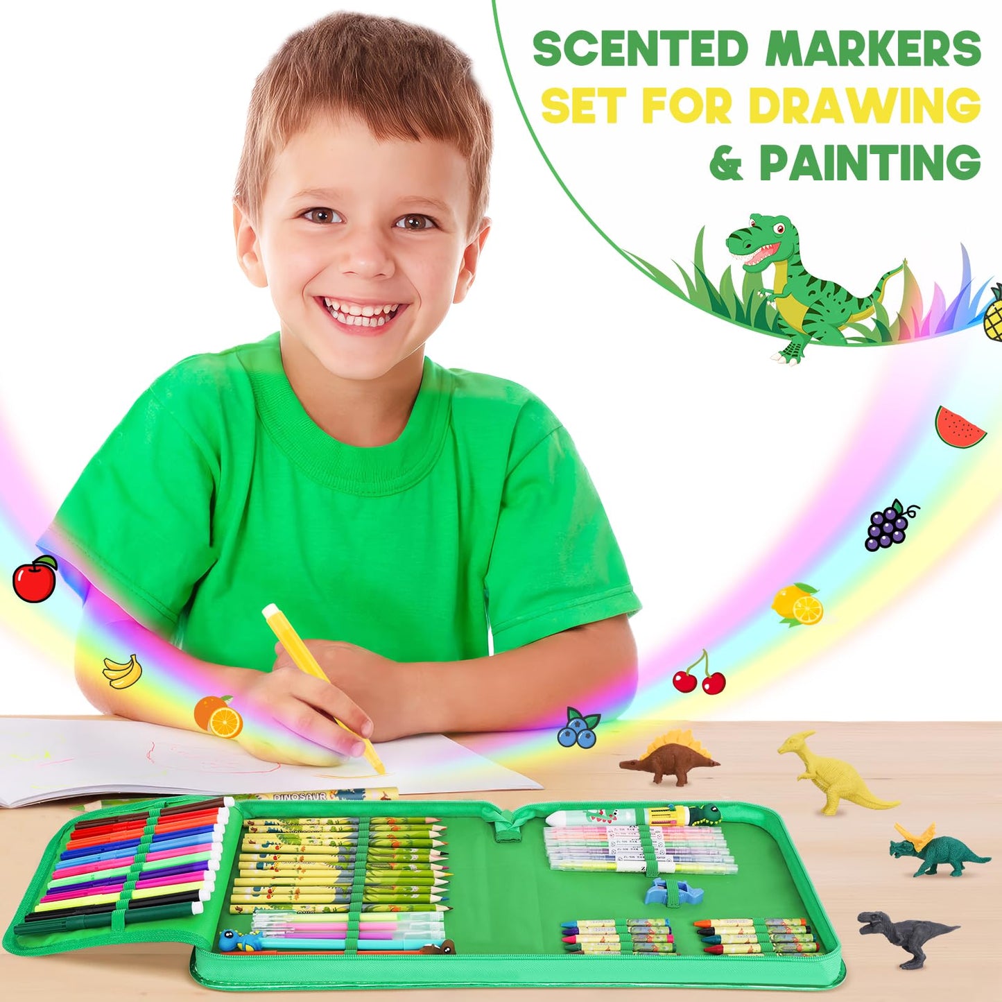 Fruit Scented Markers Set 57Pcs With Glitter Dinosaur Pencil Case & Stationery, Art Supplies For Kids Ages 4-6-8, Art Coloring K