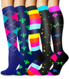 Cthh 5 Pairs Compression Socks For Women  Men 20-30Mmhg-Circulation Support Knee High Socks (04 Navyyellowblackstar, Small-Mediu
