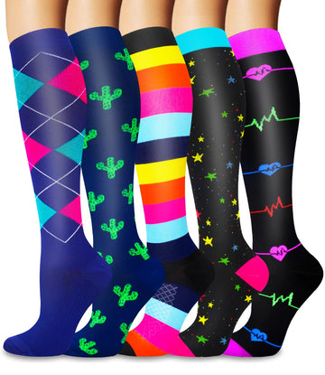 Cthh 5 Pairs Compression Socks For Women  Men 20-30Mmhg-Circulation Support Knee High Socks (04 Navyyellowblackstar, Small-Mediu