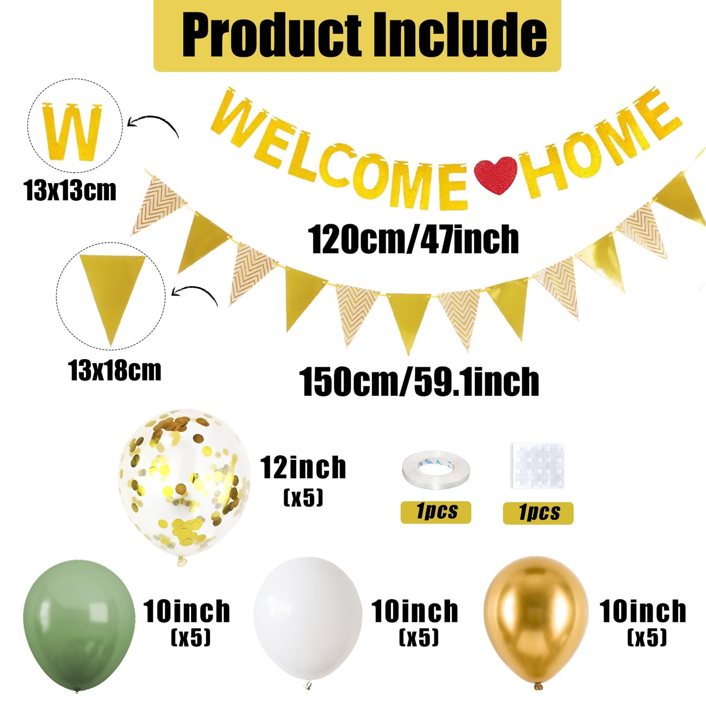 Welcome Home Decorations,Green Gold Welcome Home Balloons Banners Set,Welcome Home Glitter Banner With Confetti Balloons,Pennant