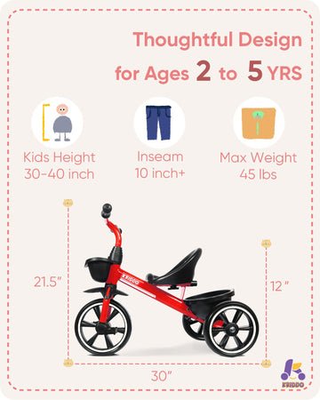 KRIDDO Kids Tricycles Age 24 Month to 4 Years, Trike for 2.5 to 5 Year Old, Gift Tricycles for 2-4 Year Olds, Trikes for Toddler