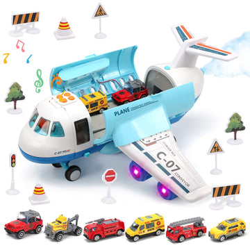 Toy Airplane with Smoke, Lights & Sounds, Friction Powered Plane Toy with Mini Cars for Kids, Boys and Girls