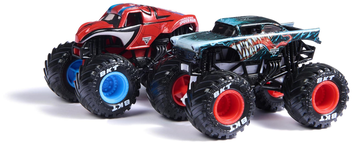 Monster Jam Twin Pack Original Monster Trucks, Marvel Superhero Design, 1:64 Scale, Multi-coloured, Assorted Truck Pairs, Ages 3+