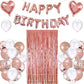 Rose Gold Birthday Party Decorations Set With Rose Gold Happy Birthday Balloon Banner, Confetti And Latex Balloon Heart Foil Balloon, Fringe Curtain For Rose Gold Theme Birthday Party Supplies