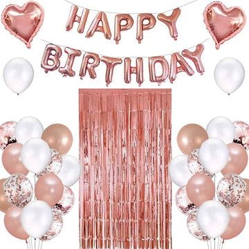 Rose Gold Birthday Party Decorations Set With Rose Gold Happy Birthday Balloon Banner, Confetti And Latex Balloon Heart Foil Balloon, Fringe Curtain For Rose Gold Theme Birthday Party Supplies