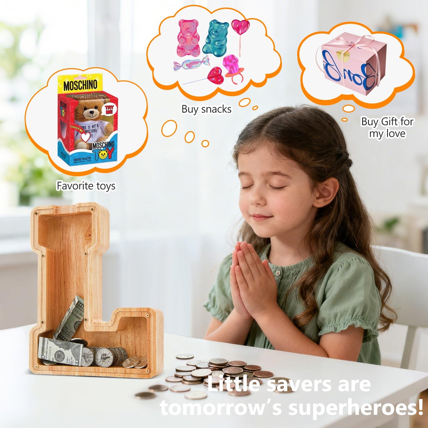 Wooden Letter Piggy Bank for Kids  Initial Coin Bank for Boys and Girls  First Name Personalized Savings Bank for Birthday Boys Girls Gift Piggy Bank for Kids (Wood  S9-L)