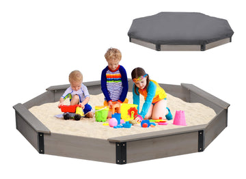 85''X78''X9'' Octagon Sandbox With Cover For Kids Outdoor Play, Wood Large Sandpit With 4 Benches, Quick Easy Install