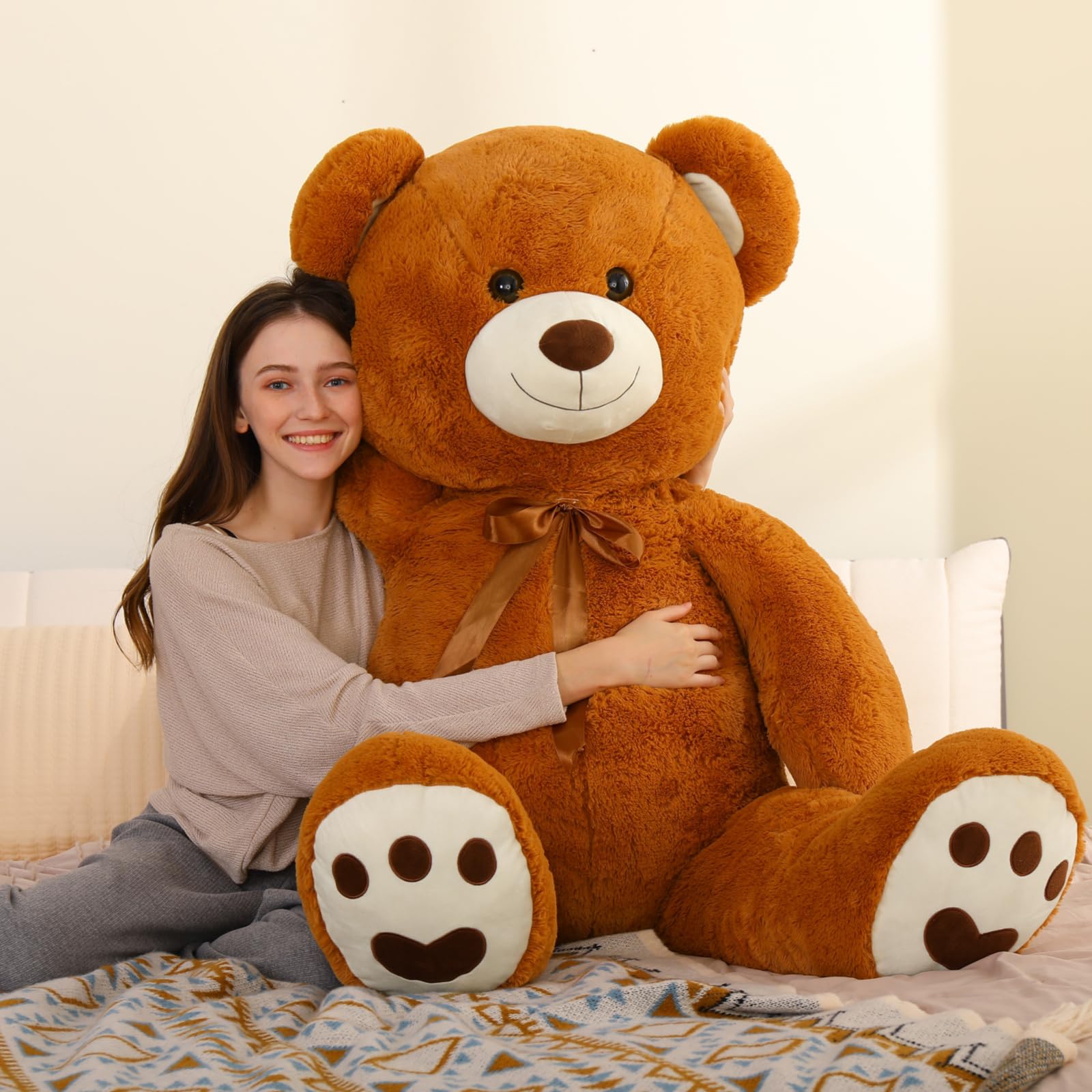 Morismos Giant Teddy Bear Stuffed Animal 5Ft, Large Stuffed Teddy Bear With Footprints, Life Size Big Teddy Bear Plush Gifts For