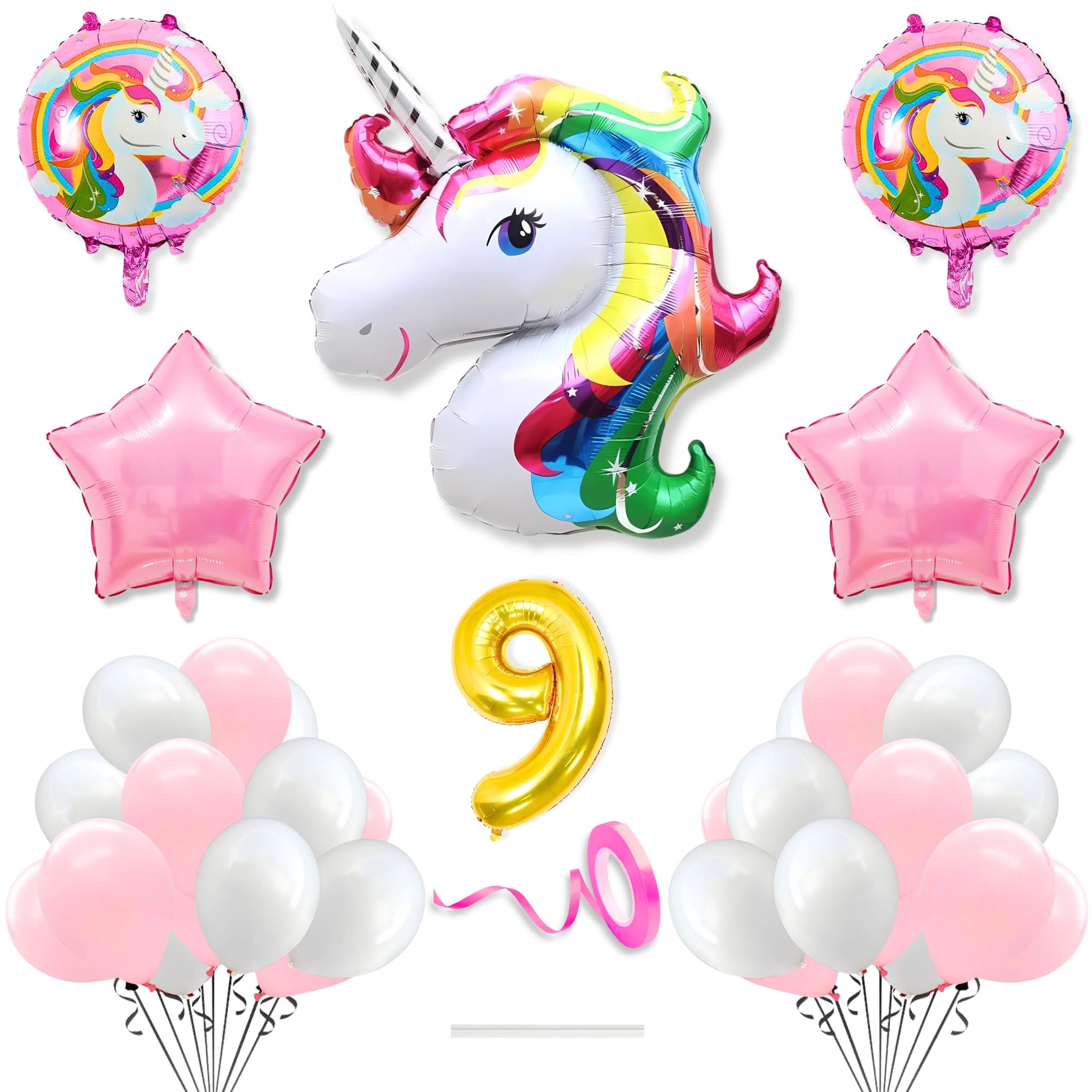 Flyloons 9Th Unicorn Theme Birthday Decoration Kit Pink White For 9 Year Old Baby Boys Girls Kids 5 Pcs Unicorn Theme 30 Pcs Pas
