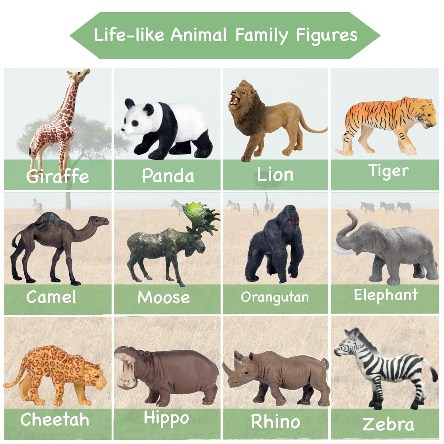 Ruson 12 Pcs Realistic Jungle Animal Figurines, Safari Animals Figures Toys Cake Topper Plastic African Wild Zoo Animals Playset Party Supplies For Kids Toddlers