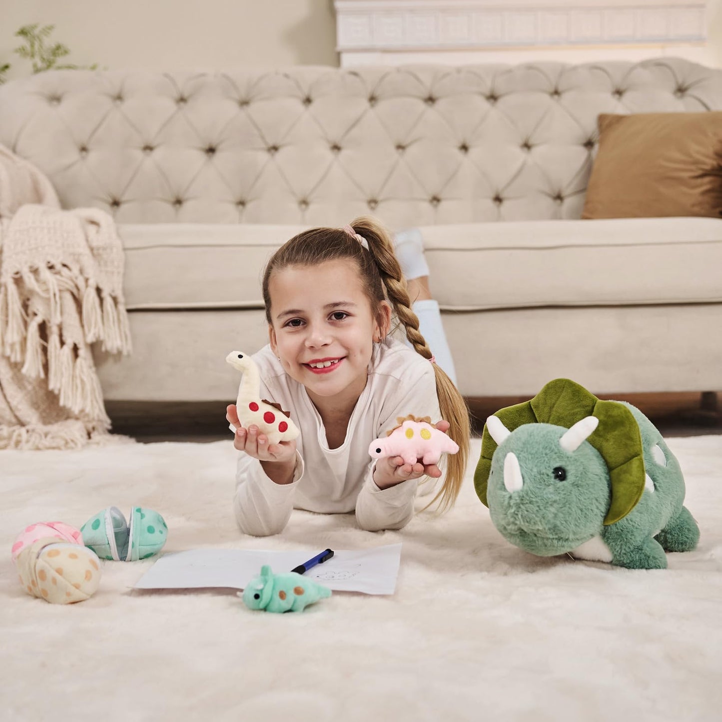 Karister Plush Dinosaur Stuffed Animals Set - Mommy Dinosaur & 3 Babies, 4 Piece Assortment, Multicolor, Soft Polyester